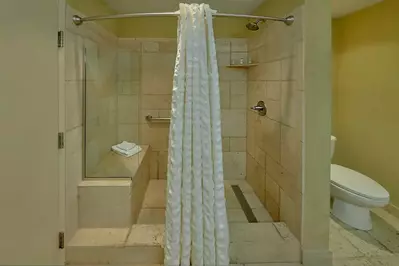 walk in shower and toilet in hotel room